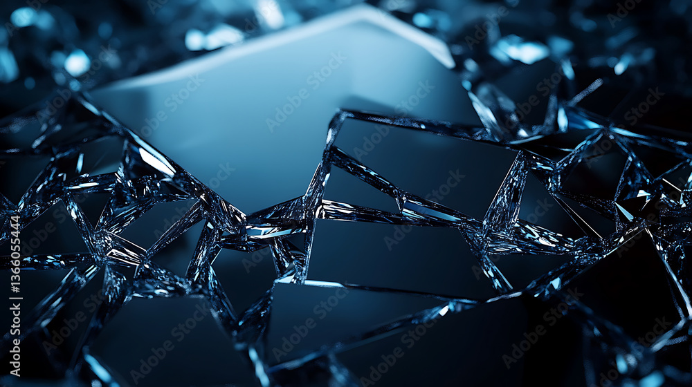 Poster close up view of shattered glass pieces with dark blue background, creating striking visual effect. 