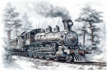 Naklejka premium An old train on a snowy track with a steam locomotive and a steam coming from it, snow-covered trees around., watercolor style, Generative AI