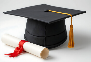 Graduation cap with golden tassel and diploma scroll tied with red ribbon on white background
