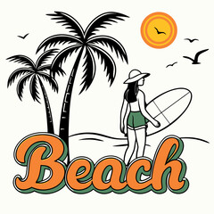 Summer Beach Scene: Girl with Surfboard, Palm Trees, and Sun