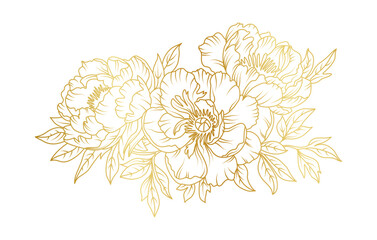 Golden peony flowers line art isolated on white background. Luxury peony floral design elements for invitation, wedding, wallpaper, print template, vector illustration