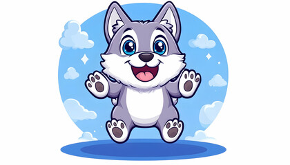 Joyful cartoon wolf pup leaps against a light blue sky background