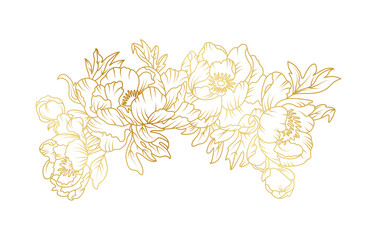 Golden peony flowers line art isolated on white background. Luxury peony floral design elements for invitation, wedding, wallpaper, print template, vector illustration