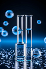 Lab Two test tubes with clear liquid and bubbles on a dark blue background