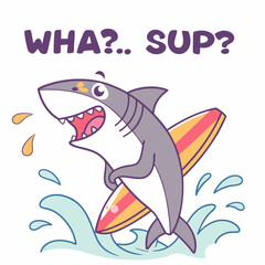 Cute Cartoon Shark Surfing on a Striped Surfboard, Saying 