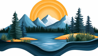 Lake landscape Mountains, trees, water, and sun in an illustrative style