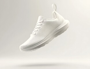 Floating on a light grey background, a 3D render of a white running shoe emphasizes minimalistic studio design