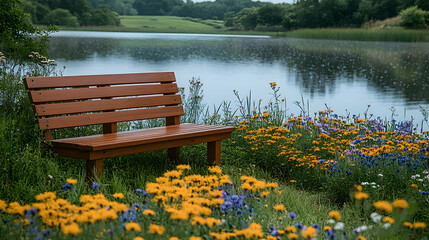 Obraz premium A serene lakeside scene with a wooden bench, surrounded by wildflowers, perfect for a peaceful Mother Day setting