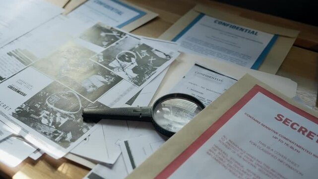 Secret and confidential folders on a cluttered office desk with magnifying glass. Espionage investigation and classified intelligence research. Special agent checking files or spy working on leaking