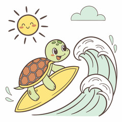 Adorable Turtle Surfing Summer Ocean Wave, Cute Cartoon Illustration