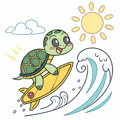 Adorable Turtle Surfing Summer Wave, Cute Cartoon Illustration