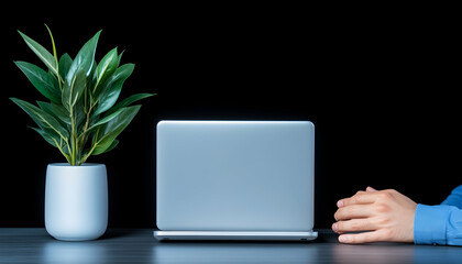 Laptop, plant, and hands on dark desk
