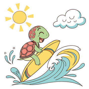 Happy Turtle Surfing Summer Wave, Cute Cartoon Illustration