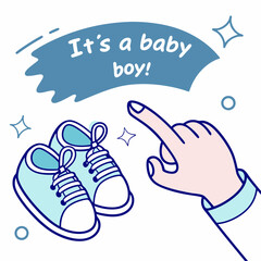 It's a Baby Boy Announcement: Cute Baby Shoes and Hand Illustration