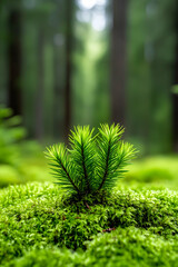 Green moss and leafy plant in forest