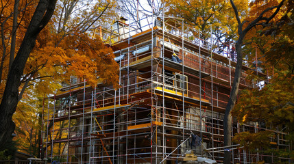 A partially built home in a forest setting, with colorful fall foliage in the background.