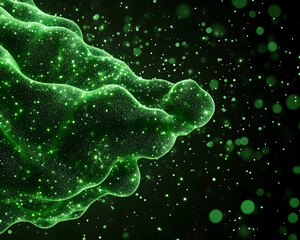 Green luminescent blob with shimmering particles against a dark backdrop