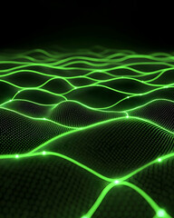 Green network grid undulates against a dark background, glowing nodes connect