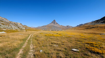 Fototapeta premium Vast Mountain Landscape With Clear Blue Sky And Golden Field In Sunlight