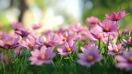 3D cartoon Spring meadow lovely pink flowers 3D natural background.