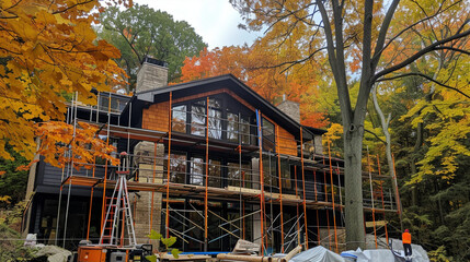 A partially built home in a forest setting, with colorful fall foliage in the background.