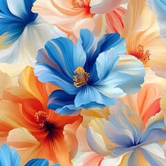Vibrant floral pattern featuring large, colorful hibiscus flowers in shades of blue, orange, and cream, creating lively and cheerful atmosphere. Perfect for textile design or home decor