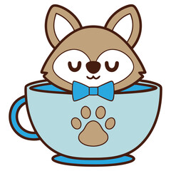 Cartoon Brown Wolf in Blue Cup with Paw Print and Bow Tie on White Background