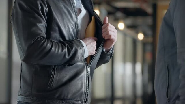 Man opens leather jacket, pulling out envelope with money and discreetly handing it over in exchange for a black suitcase. Firm handshake follows, sealing deal of bribery corruption in underworld