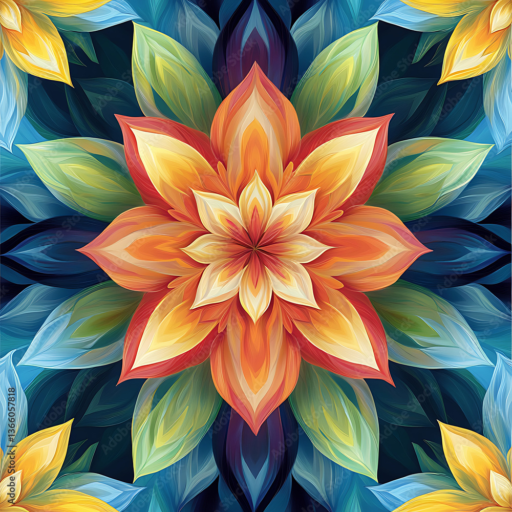 Poster vibrant and colorful seamless tileable pattern featuring semi abstract floral design with intricate 