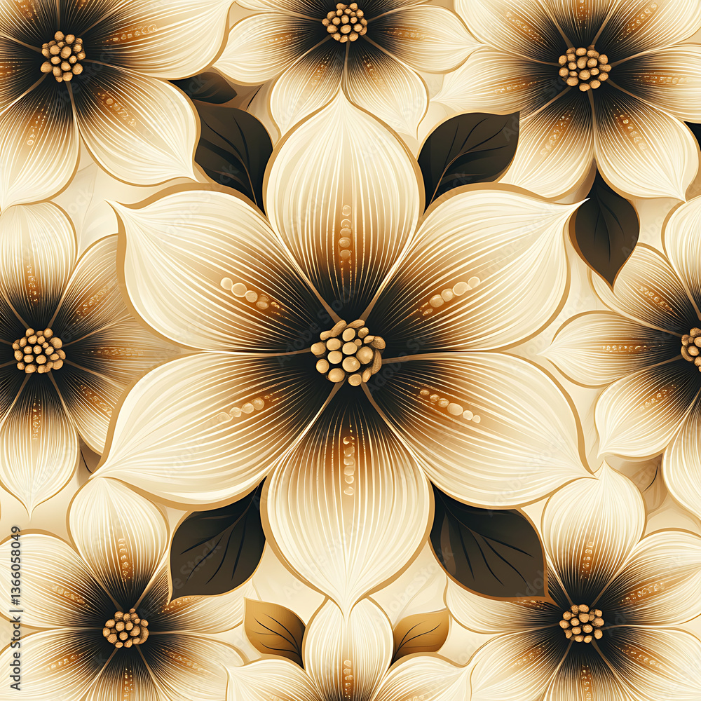 Poster seamless tileable pattern featuring elegant abstract flowers in shades of cream and brown, creating 