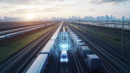 An AI powered autonomous freight train transporting goods through a futuristic landscape, vast railway network with real-time logistics data, Transportation technology style