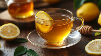 Close-up of lemon tea in glass cup, lemon slice, honey pot, and lemon halves on wooden table, showing warmth and refreshment, ideal for beverage or healthy lifestyle concepts