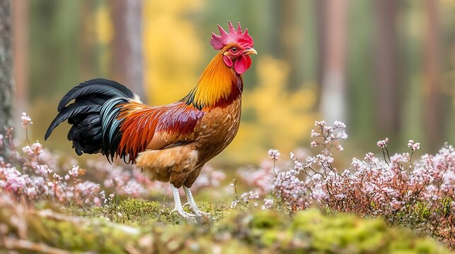 A Colorful Rooster Stands Proudly In A Forest Clearing - Powered by Adobe