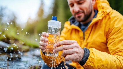 Man Filling Water Bottle from Stream in Lush Green Setting