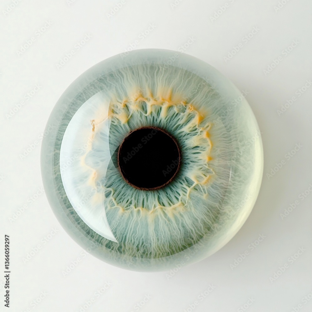 Poster captivating close-up of a light aqua iris against a pure white background showcasing intricate patte