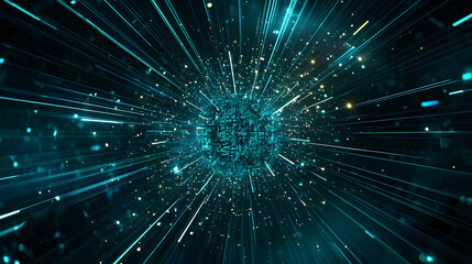 Abstract Futuristic Digital Tunnel With Glowing Lines And Particles