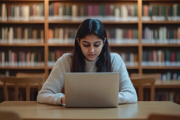 Serious Indian college student girl working at computer in public library, typing on laptop at table, searching information for research study, using elearning app for education on Internet