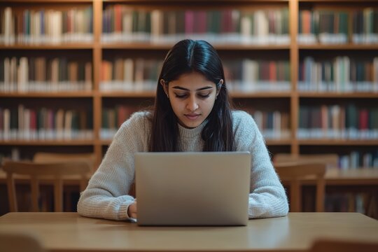 Serious Indian college student girl working at computer in public library, typing on laptop at table, searching information for research study, using elearning app for education on Internet