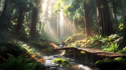 Obraz premium Morning sunlight over a forest stream with flowing water and trees in autumn