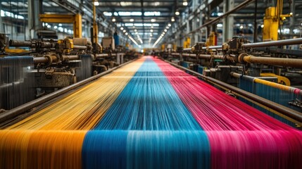 A textile factory floor with large industrial looms, workers inspecting fabrics, and colorful threads being woven into textiles