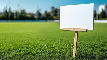 Blank white sign on wooden stand in a lush green field, inviting creativity and personalization.