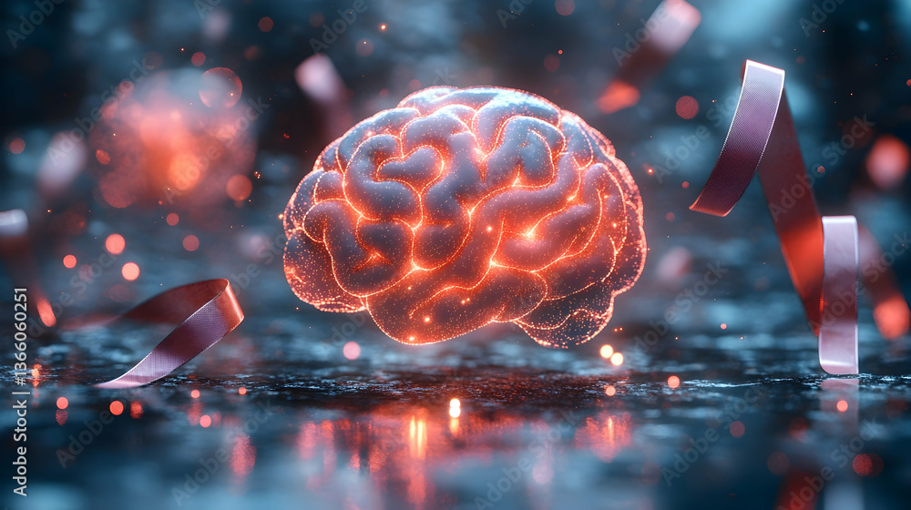 Aufkleber a soft light background showing glowing brain outlines, floating ribbons and minimal abstract shapes