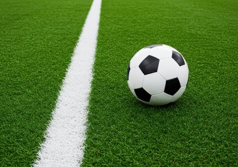 A soccer ball resting on a green field next to a white line marking the edge of the playing area