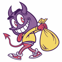 Mischievous Cartoon Devil Carrying a Sack, Retro Style Illustration