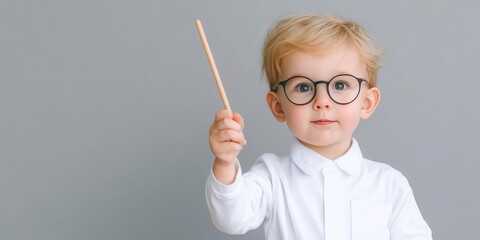 Kid dressed as a teacher, pointing at alphabet chart with serious expression, holding a pointer stick