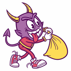 Mischievous Retro Devil Cartoon Character Carrying a Sack