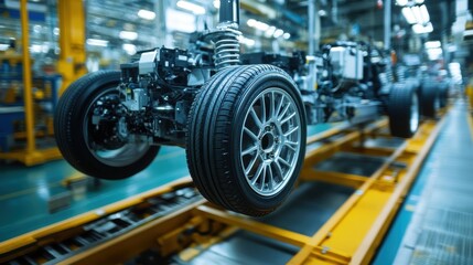Fototapeta premium A close-up of an automotive factory where workers are assembling car parts with precision, installing wheels, engines, and electronics
