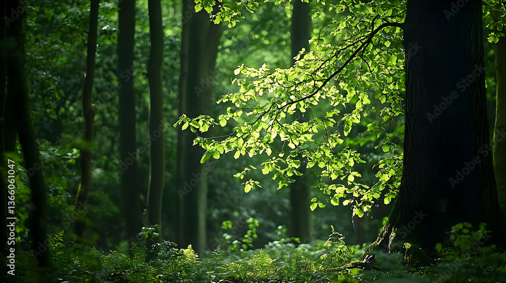 Poster lush green forest scene with sunlight piercing through canopy of trees creating light and shadow eff