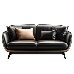 Obraz premium A black leather sofa with gold accents and three throw pillows.