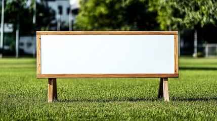 A blank wooden signboard stands on green grass in a bright, sunny setting, perfect for customizable messages.